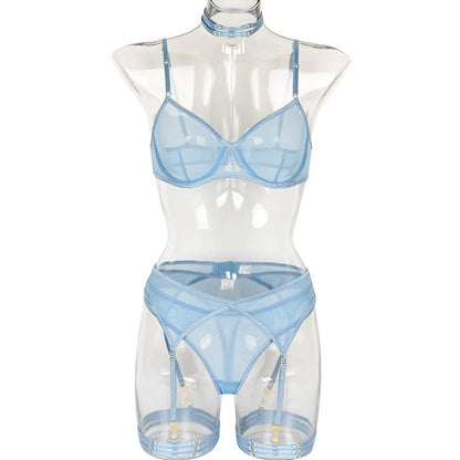 Blue See Through Ultra Thin Transparent Mesh Bra Thong Garter Belt Leg Ring Neck Ring 5pcs Sets Underwear Women Sexy Lingerie