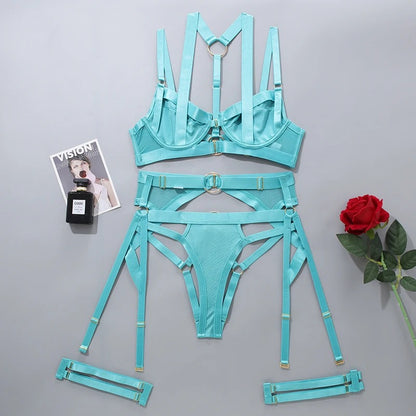 Aqua Sexy Lingerie Fancy Strap Underwear Erotic Garter Belt 4-Piece Intimate Goods Halter Bra With Bow Seductive Exotic Brief Sets