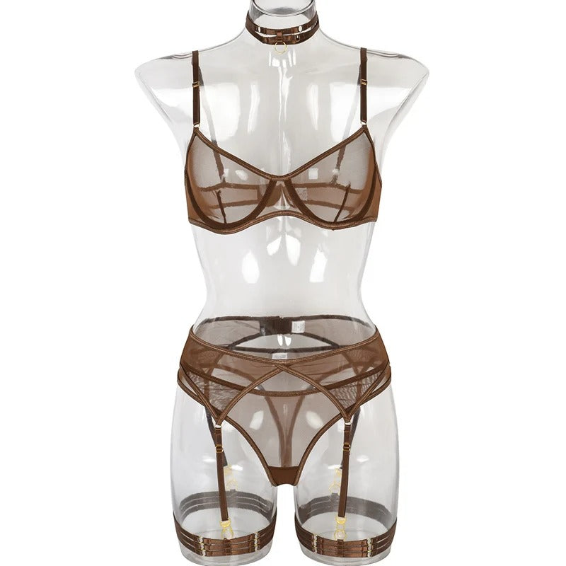 Brown See Through Ultra Thin Transparent Mesh Bra Thong Garter Belt Leg Ring Neck Ring 5pcs Sets Underwear Women Sexy Lingerie